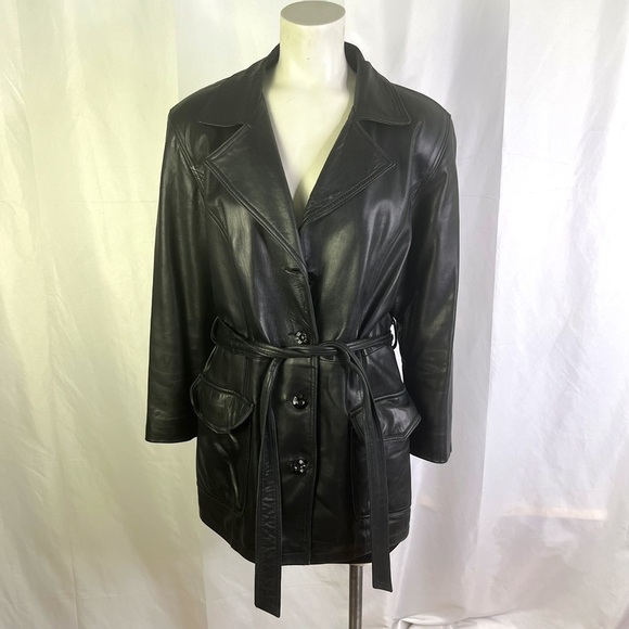 AKOURY CUIRS BLACK LEATHER COAT LAMBSKIN SOFT LEATHER BELTED SINGLE BREAST SMALL - Picture 4 of 13